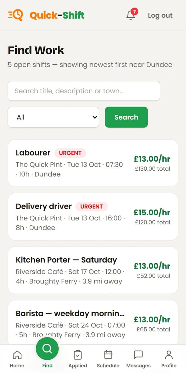 Quick-Shift worker app listing open shifts near Dundee with hourly rates